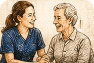 Caregiver smiling with elderly man