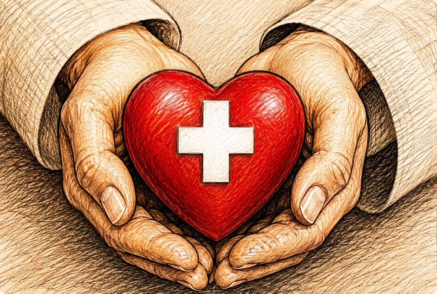 Hands holding red heart with white medical cross