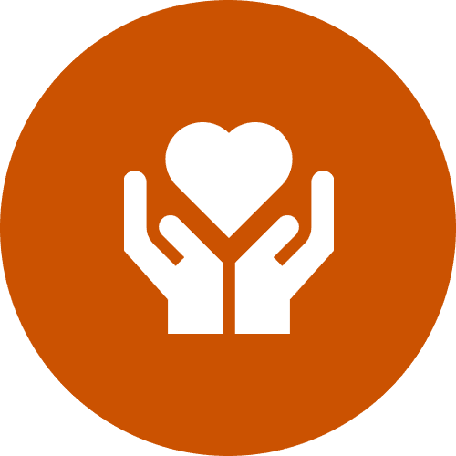 White hands holding heart icon on orange background
