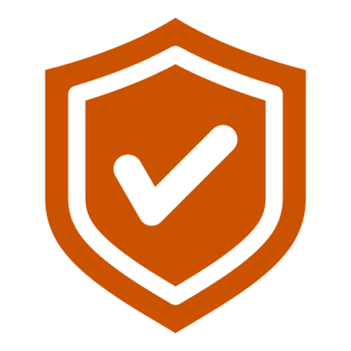 Orange shield with checkmark on black background